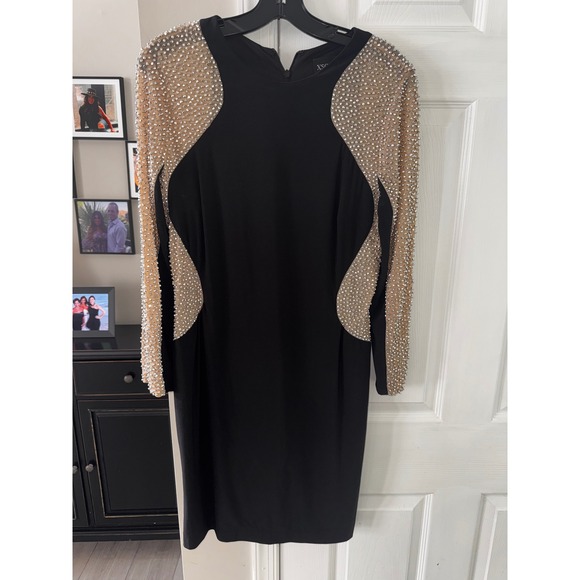 Xscape Black Beaded Illusion Long Sleeve Sheath Dress Size 14 Cocktail Party - Picture 4 of 10